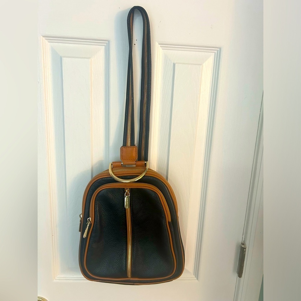 Valentina Black Pebbled Italian Leather Sling Backpack/Shoulder Bag